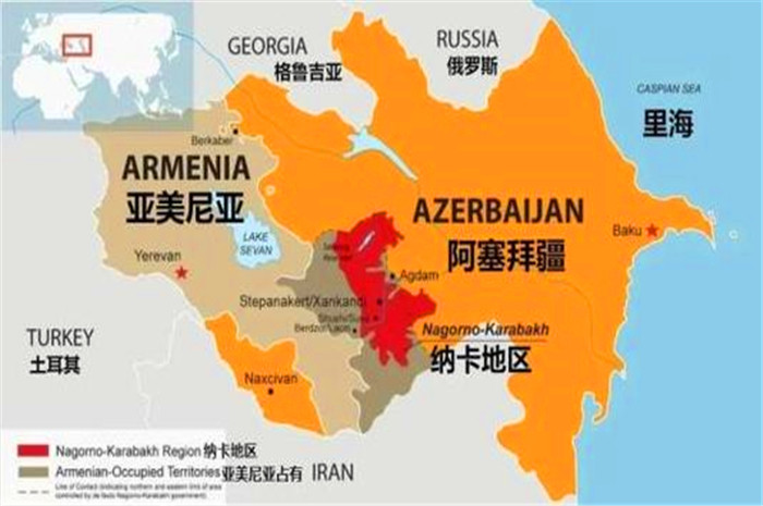 Khu vực tranh chấp Nagorno-Karabakh (màu đỏ đang tranh chấp, màu xám là khu vực Armenia kiểm soát (Ảnh: Sohu).
