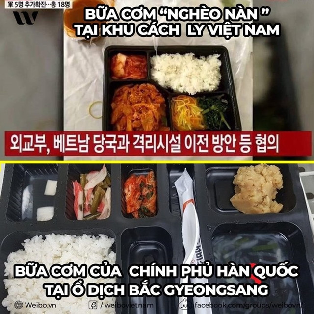 Một số cư dân mạng đã so sánh hình ảnh phần cơn do Việt Nam cung cấp với phần cơm tại khu cách ly ở Daegu. Một số cư dân mạng đã so sánh hình ảnh phần cơn do Việt Nam cung cấp với phần cơm tại khu cách ly ở Daegu.