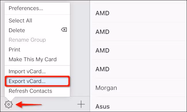 Trong màn hình vừa hiện lên, chọn 1 tên trong danh bạ. Nếu bạn chỉ muốn xuất 1 số điện thoại, click vào biểu tượng bánh răng ở góc dưới bên trái, và chọn Export vCard trong menu vừa hiện ra. Nếu bạn muốn chọn nhiều số điện thoại, click vào 1 cái tên trước. Sau đó, rê con trỏ chuột đến số điện thoại cuối cùng mà bạn muốn xuất, nhấn và giữ phím Shift, rồi click vào tên số điện thoại cuối cùng. Click vào biểu tượng bánh răng rồi chọn Export vCard. Trong màn hình vừa hiện lên, chọn 1 tên trong danh bạ. Nếu bạn chỉ muốn xuất 1 số điện thoại, click vào biểu tượng bánh răng ở góc dưới bên trái, và chọn Export vCard trong menu vừa hiện ra. Nếu bạn muốn chọn nhiều số điện thoại, click vào 1 cái tên trước. Sau đó, rê con trỏ chuột đến số điện thoại cuối cùng mà bạn muốn xuất, nhấn và giữ phím Shift, rồi click vào tên số điện thoại cuối cùng. Click vào biểu tượng bánh răng rồi chọn Export vCard.