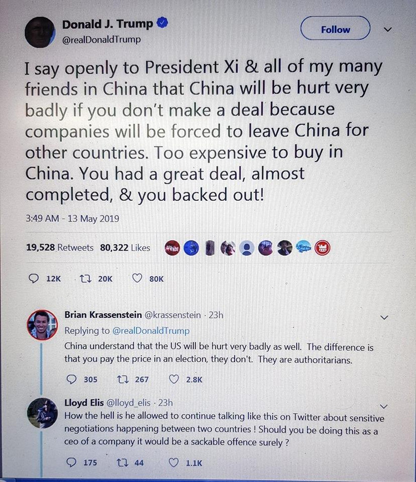 Ông Donald Trump viết tweet cảnh cáo Trung Quốc chớ có bất cứ hành động trả đũa nào khi Mỹ tăng thuế