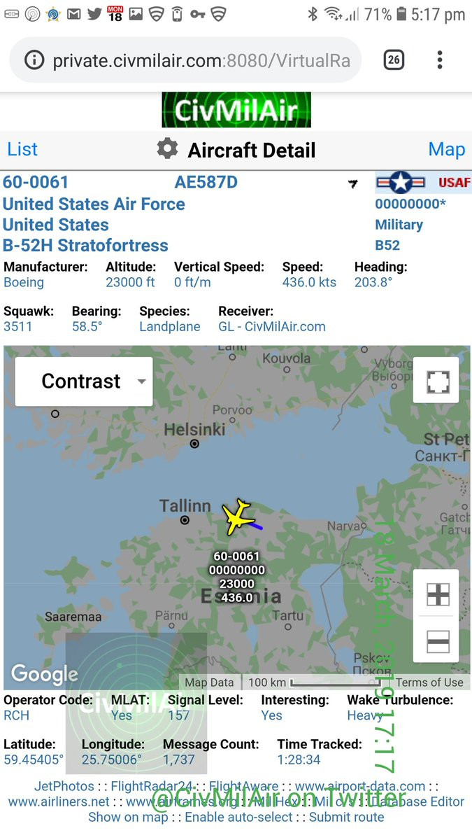 Thông tin về chiếc B-52H hoạt động trên vùng trời Estonia.