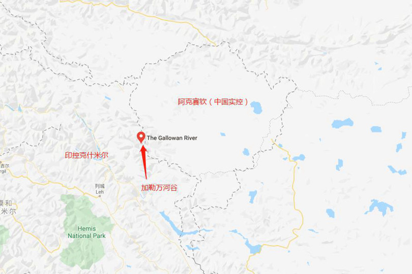 Theo Google Map, thung lũng Gallowan hai bên đang tranh chấp nằm trong lãnh thổ Ấn Độ (Ảnh: Đa Chiều)