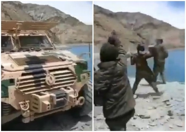 Lính Ấn Độ đập phá xe trinh sát Trung Quốc (trái) và ném đá lính Trung Quốc (phải) (Ảnh: Đông Phương)