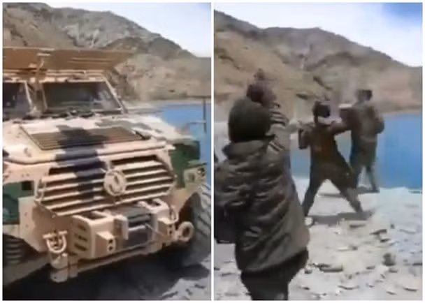 Lính Ấn Độ đập phá xe trinh sát Trung Quốc (trái) và ném đá lính Trung Quốc (phải) (Ảnh: Đông Phương) Lính Ấn Độ đập phá xe trinh sát Trung Quốc (trái) và ném đá lính Trung Quốc (phải) (Ảnh: Đông Phương)