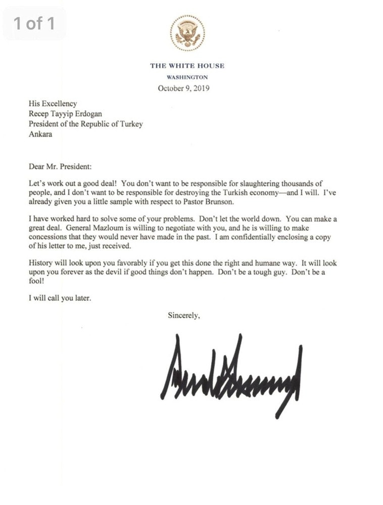 Bức thư ngày 9/10 của ông Trump khiến ông Erdogan tức giận vứt vào sọt rác