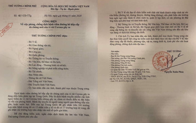 Công điện của Thủ tướng Chính phủ về việc phòng, chống dịch bệnh viêm đường hô hấp do chủng mới của virus Corona gây ra.