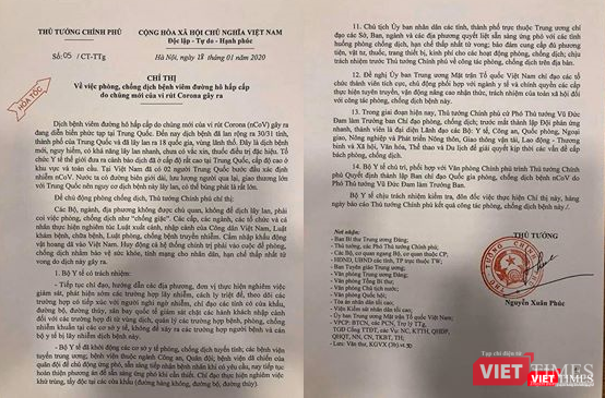 Thủ tướng vừa ra Chỉ thị số 05/CT-TTg về phòng, chống dịch bệnh viêm đường hô hấp cấp do chủng mới của virus Corona gây ra