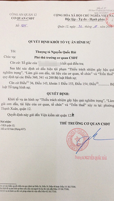 Quyết định khởi tố vụ án hình sự đối với hành vi trốn thuế, phân lô bán nền trái phép ở Q.12. Quyết định khởi tố vụ án hình sự đối với hành vi trốn thuế, phân lô bán nền trái phép ở Q.12.