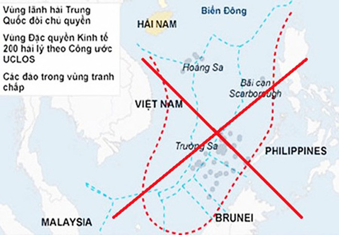 Bản đồ đường 9 đoạn, vẫn được gọi là "đường lưỡi bò", mà Trung Quốc đã vẽ ra trình lên Liên Hiệp Quốc năm 2009, tuyên bố chủ quyền đối với hầu hết Biển Đông. Ảnh tư liệu. Bản đồ đường 9 đoạn, vẫn được gọi là "đường lưỡi bò", mà Trung Quốc đã vẽ ra trình lên Liên Hiệp Quốc năm 2009, tuyên bố chủ quyền đối với hầu hết Biển Đông. Ảnh tư liệu.