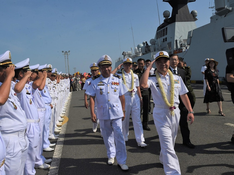 Lễ đón tàu chiến của Hải quân Trung Quốc thăm cảng Ream hồi tháng 1/2019.