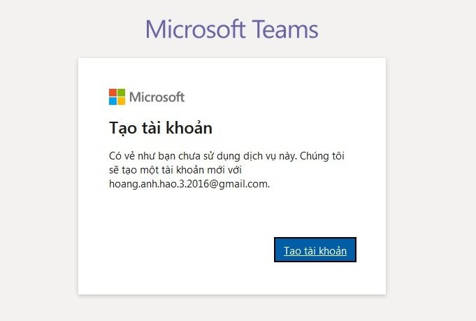 Nếu email chưa được đăng ký tài khoản Microsoft thì bạn hãy kích chuột vào tạo tài khoản và làm theo các hướng dẫn Nếu email chưa được đăng ký tài khoản Microsoft thì bạn hãy kích chuột vào tạo tài khoản và làm theo các hướng dẫn