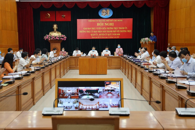 Toàn cảnh hội nghị trực tuyến của Thành ủy TP.HCM. Ảnh: HMC. Toàn cảnh hội nghị trực tuyến của Thành ủy TP.HCM. Ảnh: HMC.