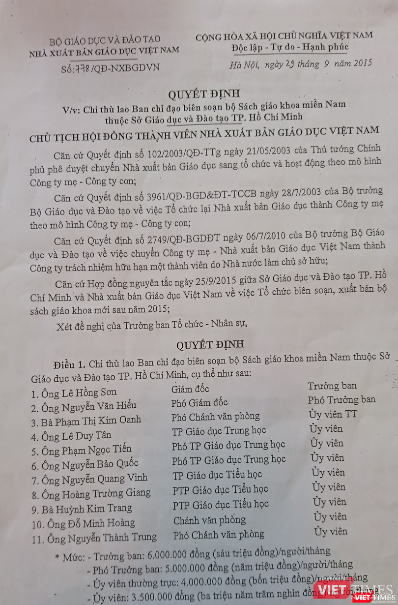 Quyết định chi thù lao cho Ban chỉ đạo biên soạn bộ SGK miền Nam thuộc Sở GD&ĐT TP. Hồ Chí Minh. Quyết định chi thù lao cho Ban chỉ đạo biên soạn bộ SGK miền Nam thuộc Sở GD&ĐT TP. Hồ Chí Minh.