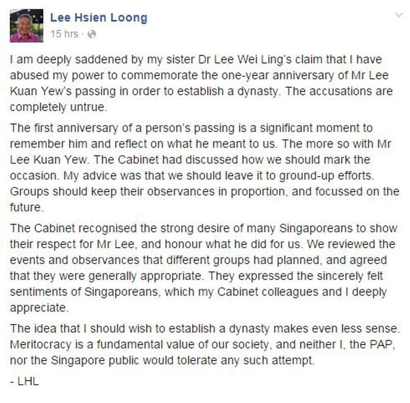 Status của ông Lý Hiển Long phản bác những tố cáo của em gái