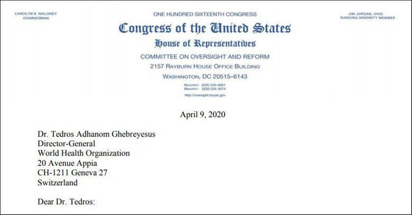Bức thư của các nghị sĩ Cộng hòa thuộc Ủy ban Giám sát và Cải cách chính phủ của Hạ viện Hoa Kỳ gửi cho ông Tedros Adhanom yêu cầu trả lời về mối quan hệ với Trung Quốc (Ảnh: Guancha). Bức thư của các nghị sĩ Cộng hòa thuộc Ủy ban Giám sát và Cải cách chính phủ của Hạ viện Hoa Kỳ gửi cho ông Tedros Adhanom yêu cầu trả lời về mối quan hệ với Trung Quốc (Ảnh: Guancha).