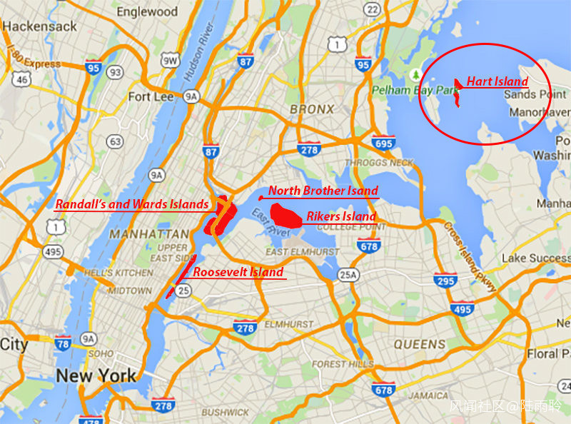 Vị trí đảo Hart nơi chôn cất các nạn nhân của dịch COVID-19 không có người nhận (trong vòng tròn màu đỏ). Ảnh: Guancha.