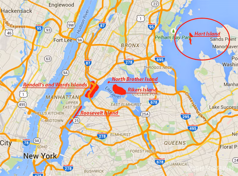 Vị trí đảo Hart nơi chôn cất các nạn nhân của dịch COVID-19 không có người nhận (trong vòng tròn màu đỏ). Ảnh: Guancha.