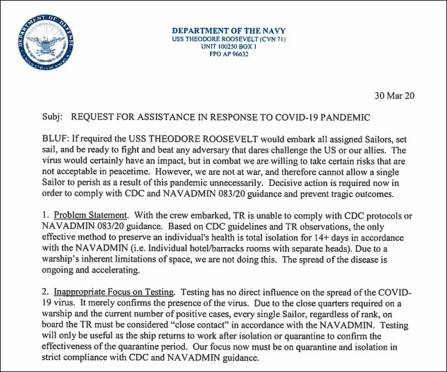 Phần đầu bức thư cầu cứu của Đại tá Brett Crozier, Hạm trưởng tàu USS Theodore Roosevelt (Ảnh: Guancha). Phần đầu bức thư cầu cứu của Đại tá Brett Crozier, Hạm trưởng tàu USS Theodore Roosevelt (Ảnh: Guancha).