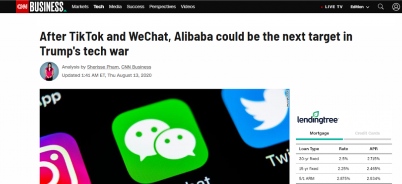 CNN viết về khả năng Alibaba trở thành mục tiêu tiếp theo của ông Trump sau TikTok và WeChat (Ảnh: CNN). CNN viết về khả năng Alibaba trở thành mục tiêu tiếp theo của ông Trump sau TikTok và WeChat (Ảnh: CNN).