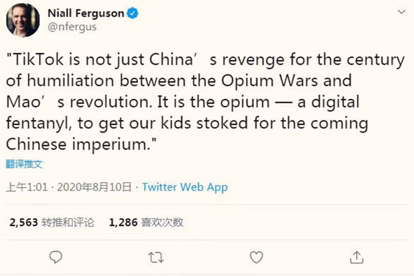 Bản tweet gây xôn xao về TikTok của Giáo sư Niall Ferguson (Ảnh: Đa Chiều).