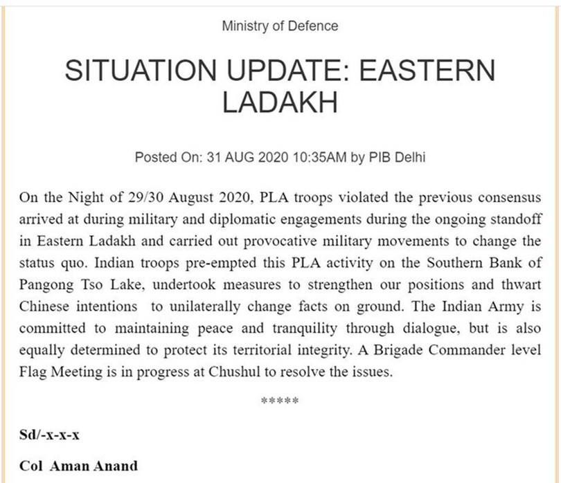 Tuyên bố của Bộ Quốc phòng Ấn Độ về các vụ xung đột giữa quân đội Trung - Ấn ở phía Nam Hồ Pangong tối 29 và 30/8 (Ảnh: Đa Chiều). Tuyên bố của Bộ Quốc phòng Ấn Độ về các vụ xung đột giữa quân đội Trung - Ấn ở phía Nam Hồ Pangong tối 29 và 30/8 (Ảnh: Đa Chiều).