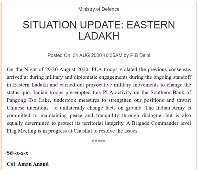 Tuyên bố của Bộ Quốc phòng Ấn Độ về các vụ xung đột giữa quân đội Trung - Ấn ở phía Nam Hồ Pangong tối 29 và 30/8 (Ảnh: Đa Chiều). Tuyên bố của Bộ Quốc phòng Ấn Độ về các vụ xung đột giữa quân đội Trung - Ấn ở phía Nam Hồ Pangong tối 29 và 30/8 (Ảnh: Đa Chiều).