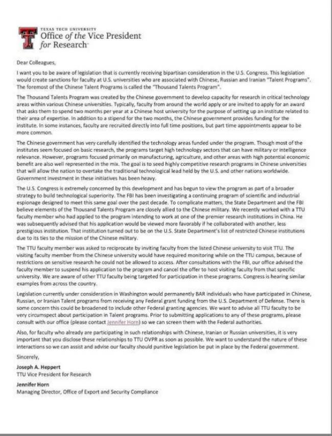 Thư ngỏ của ông Hiệu phó trường TTU cảnh báo về “Kế hoạch ngàn người” của Trung Quốc