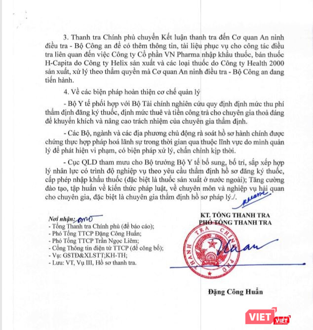 Kết luận của Thanh tra Chính phủ về vụ vi phạm trong cấp giấy phép nhập khẩu, giấy đăng ký lưu hành đối với 10 loại thuốc của Công ty Helix, cấp giấy phép hoạt động cho Công ty Helix và việc trúng các gói thầu cung cấp thuốc cho các bệnh viện của Công ty Cổ phần VN Pharma