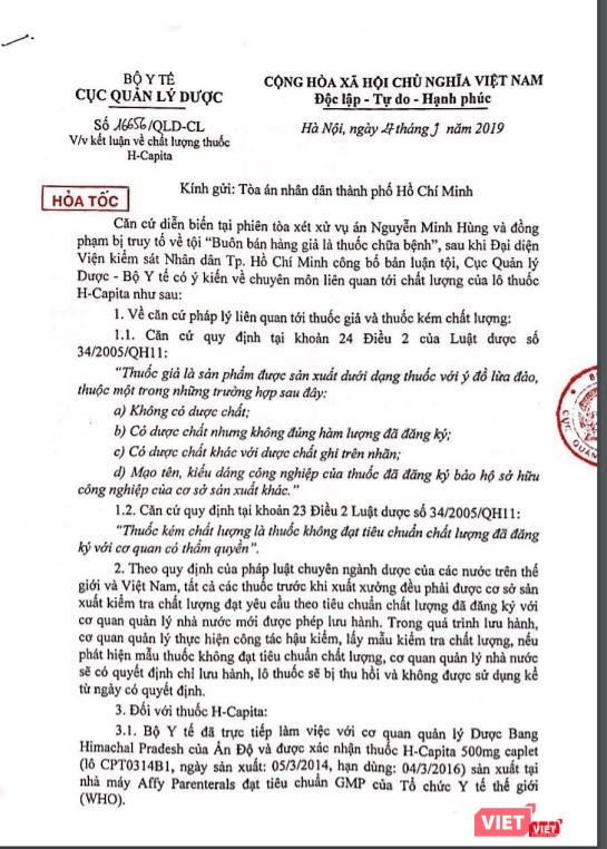 Công văn hỏa tốc của Cục Quản lý Dược gửi Tòa án 