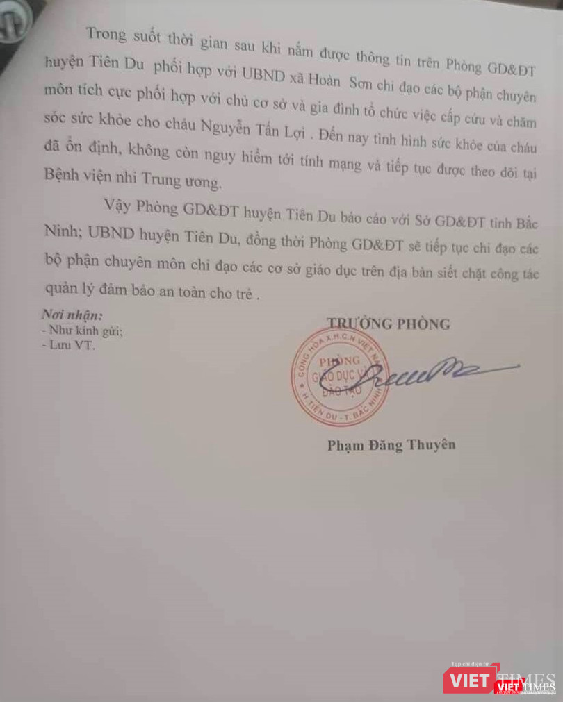 Báo cáo của Phòng GD&ĐT huyện Tiên Du về vụ việc bỏ quên trẻ 3 tuổi trên xe ô tô đưa đón