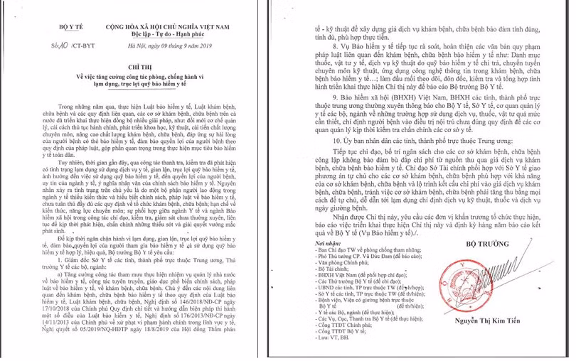 Chỉ thị của Bộ trưởng Bộ Y tế về ngăn chặn tình trạng lạm dụng, trục lợi quỹ BHYT
