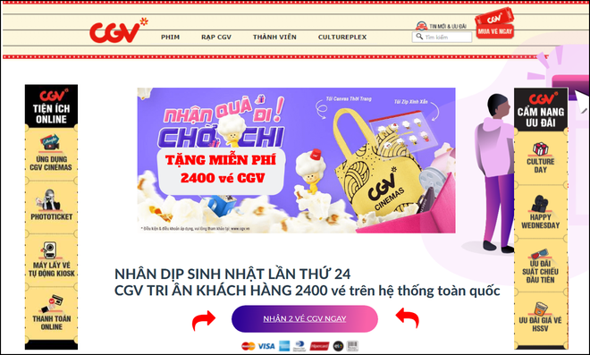 Giao diện của website giả mạo trông gần giống hệt cgv.vn chính thức.
