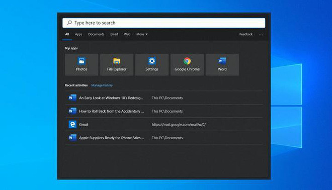 Thanh tìm kiếm mới trên Windows 10