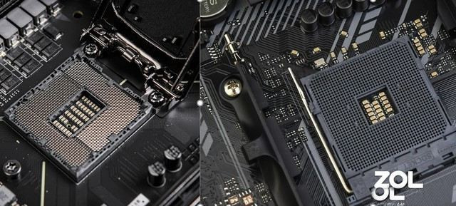 Trong ảnh trên, bên trái là bo mạch chủ Intel với các chân cắm và bên phải là bo mạch chủ AMD với các chân cắm có thể chèn được.