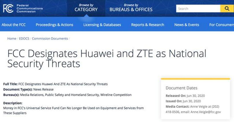 FCC đăng thông báo coi Huawei và ZTE là mối đe dọa cho an ninh quốc gia của Mỹ (Ảnh: FCC).