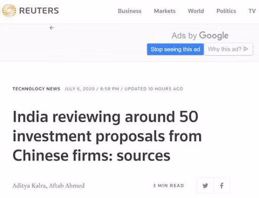 Reuters viết về việc Ấn Độ xem xét lại khoảng 50 dự án đầu tư của Trung Quốc