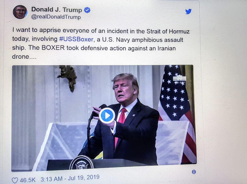 Ông Donald Trump thông báo trên Twitter việc tàu chiến Mỹ bắn hạ máy bay không người lái của Iran Ông Donald Trump thông báo trên Twitter việc tàu chiến Mỹ bắn hạ máy bay không người lái của Iran