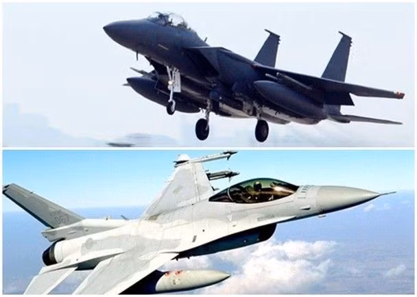 Máy bay KF-16 (trên) và F-15K (dưới) của không quân Hàn Quốc