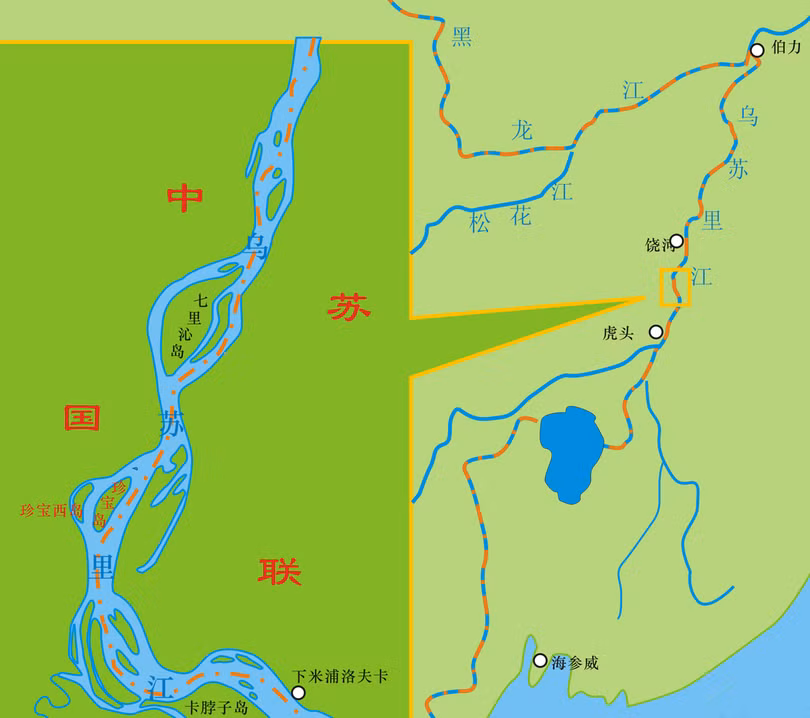 Bản đồ khu vực biên giới đoạn phía Đông sau khi phân định: các đảo nổi lớn trên sông Usuri đều thuộc về phía Trung Quốc (đảo Trân Bảo ở giữa)