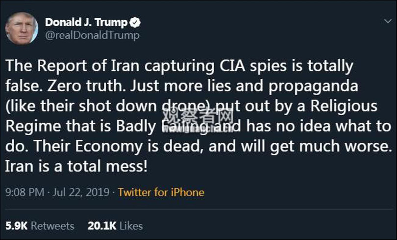 Ông Donald Trump viết Tweet khẳng định Iran nói dối khi thông báo bắt giữ các điệp viên CIA Ông Donald Trump viết Tweet khẳng định Iran nói dối khi thông báo bắt giữ các điệp viên CIA
