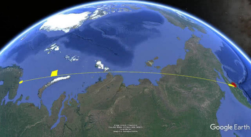 Đường đi của một tên lửa mà Nga phóng thử. (Ảnh: Sina) Đường đi của một tên lửa mà Nga phóng thử. (Ảnh: Sina)