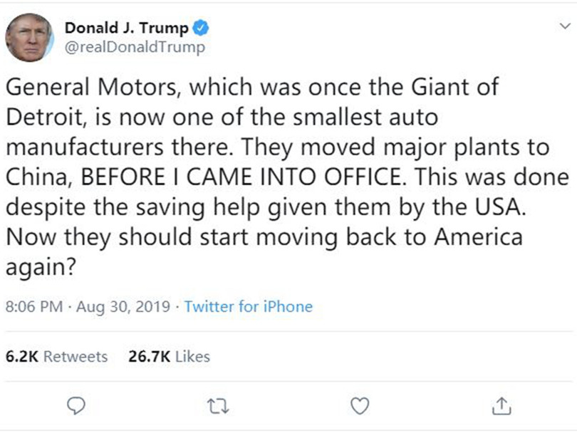 Ông Trump viết tweet ra lệnh General Motors rút khỏi Trung Quốc. (Ảnh: Đa Chiều)
