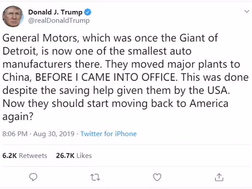 Ông Trump viết tweet ra lệnh General Motors rút khỏi Trung Quốc. (Ảnh: Đa Chiều) Ông Trump viết tweet ra lệnh General Motors rút khỏi Trung Quốc. (Ảnh: Đa Chiều)