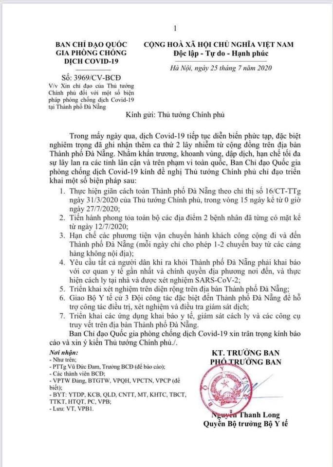 Văn bản của Ban Chỉ đạo Quốc gia gửi Thủ tướng Chính phủ, kiến nghị các giải pháp phòng, chống dịch COVID-19