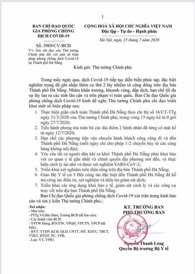 Văn bản của Ban Chỉ đạo Quốc gia gửi Thủ tướng Chính phủ, kiến nghị các giải pháp phòng, chống dịch COVID-19