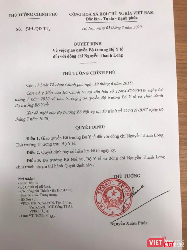 Quyết định của Thủ tướng giao quyền Bộ trưởng Bộ Y tế cho Thứ trưởng Thường trực Nguyễn Thanh Long