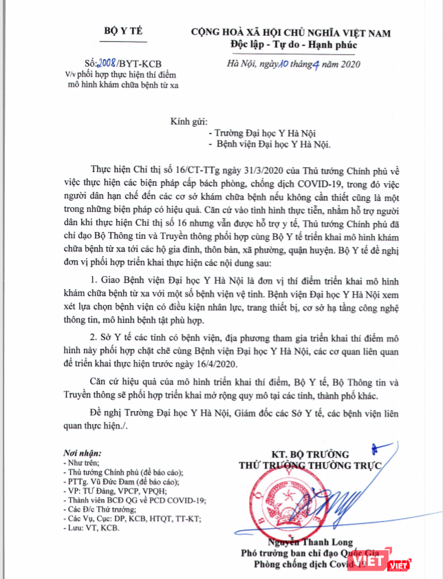 Bộ Y tế chọn Bệnh viện Đại học Y Hà Nội để triển khai thí điểm mô hình khám, chữa bệnh từ xa Bộ Y tế chọn Bệnh viện Đại học Y Hà Nội để triển khai thí điểm mô hình khám, chữa bệnh từ xa