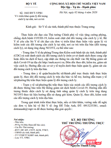 Công văn về hướng dẫn phân cấp quản lý người cách ly tại nhà, nơi cư trú vừa được Thứ trưởng Bộ Y tế Nguyễn Thanh Long kí hôm nay (2/4).
