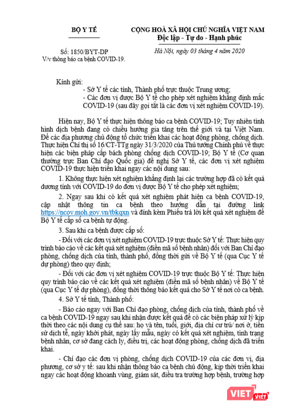 Văn bản về việc thông báo các ca bệnh COVID-19 của Bộ Y tế
