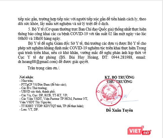 Văn bản về việc thông báo các ca bệnh COVID-19 của Bộ Y tế